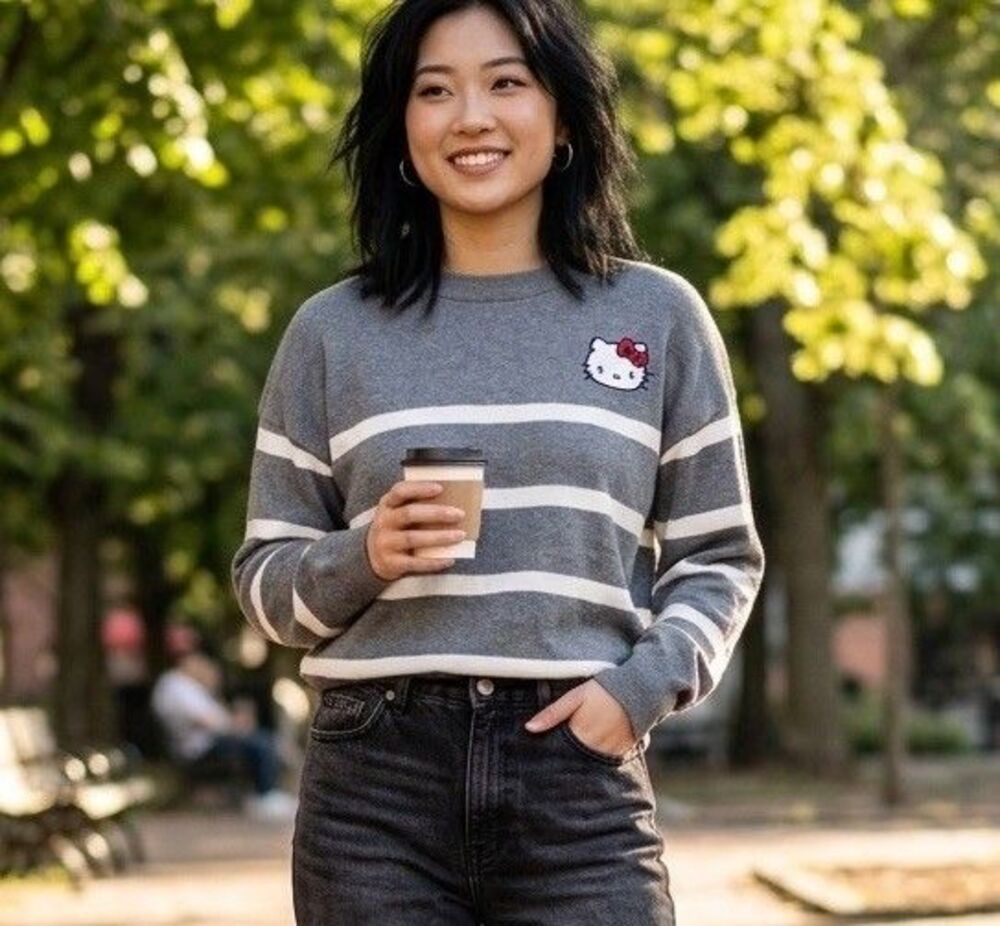 Aéropostale x Hello Kitty Knit Sweater Grey White Striped Patch Pullover S